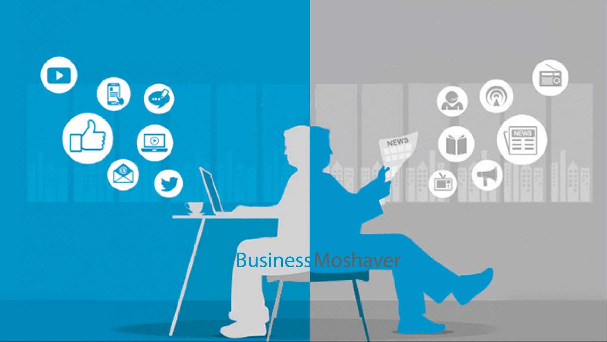 Digital marketing vs traditional marketing: split image of person at desk, left side blue with social media icons, right side gray with news media icons, showing tech vs traditional.