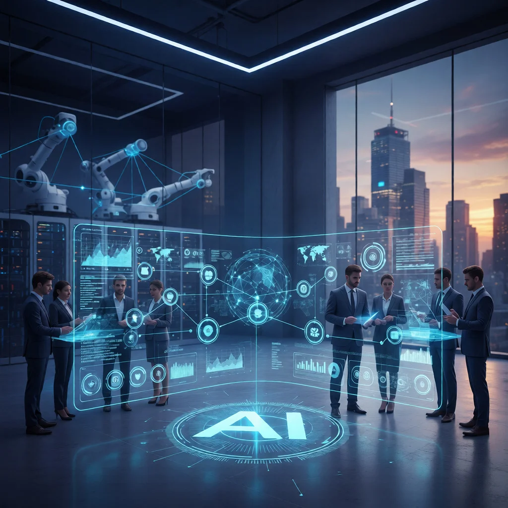 Business professionals in a futuristic office discuss beside AI displays, robotic arms, highlighting artificial intelligence for business.
