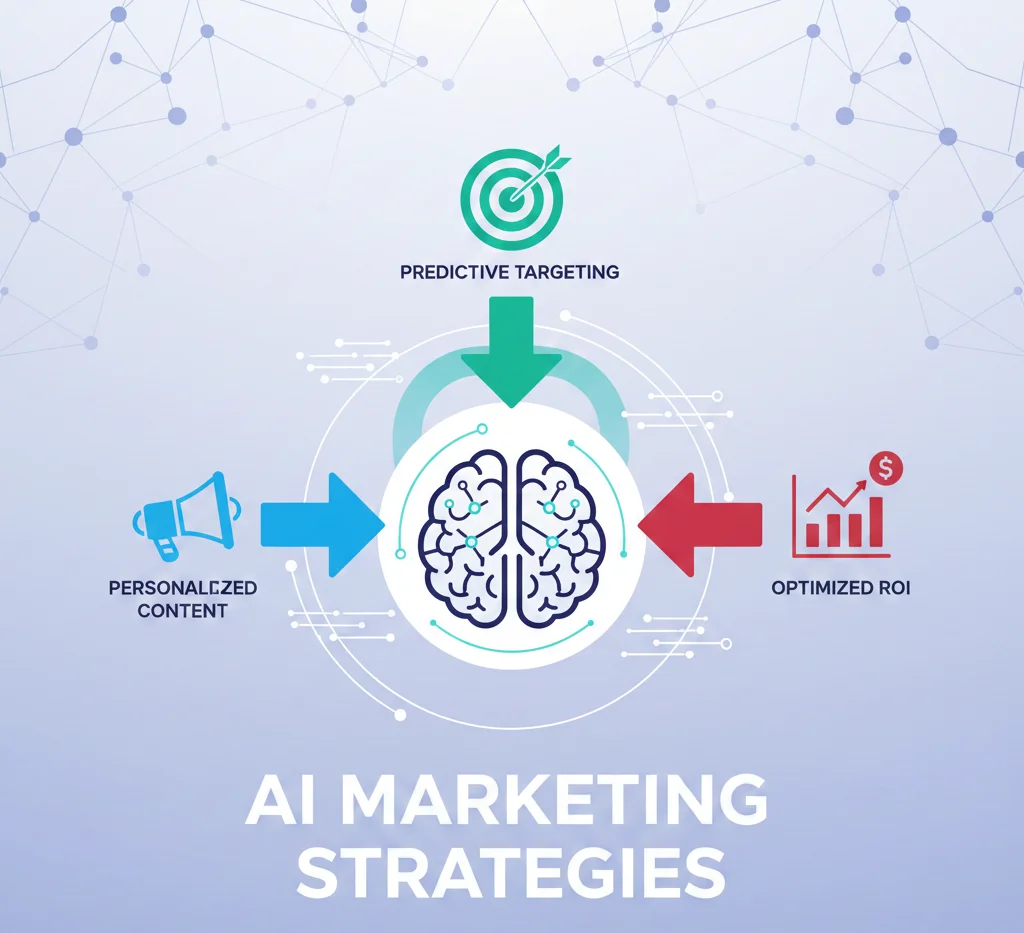 Diagram of AI-powered marketing strategies with a brain at the center pointing to predictive targeting, personalized content, and optimized ROI.
