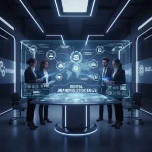 Four professionals review digital branding strategies 2026 on a glowing, futuristic screen.
