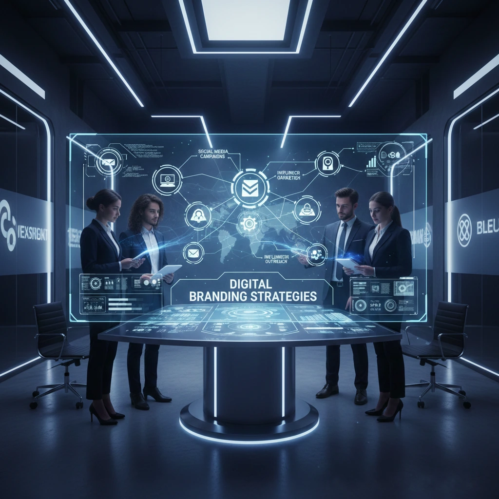 Four professionals review digital branding strategies 2026 on a glowing, futuristic screen.