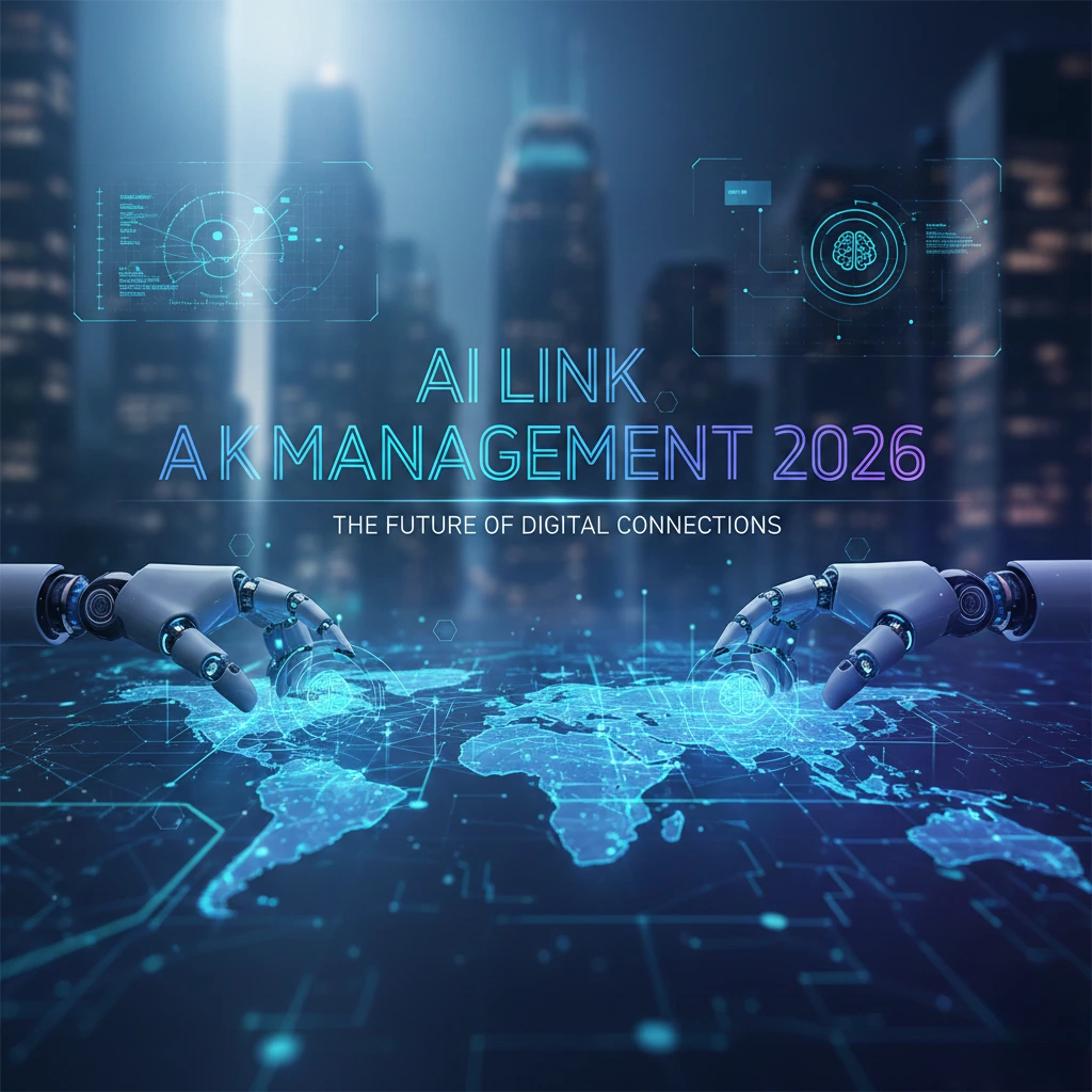AI link management 2026: Robotic hands over digital world map with holographic data.