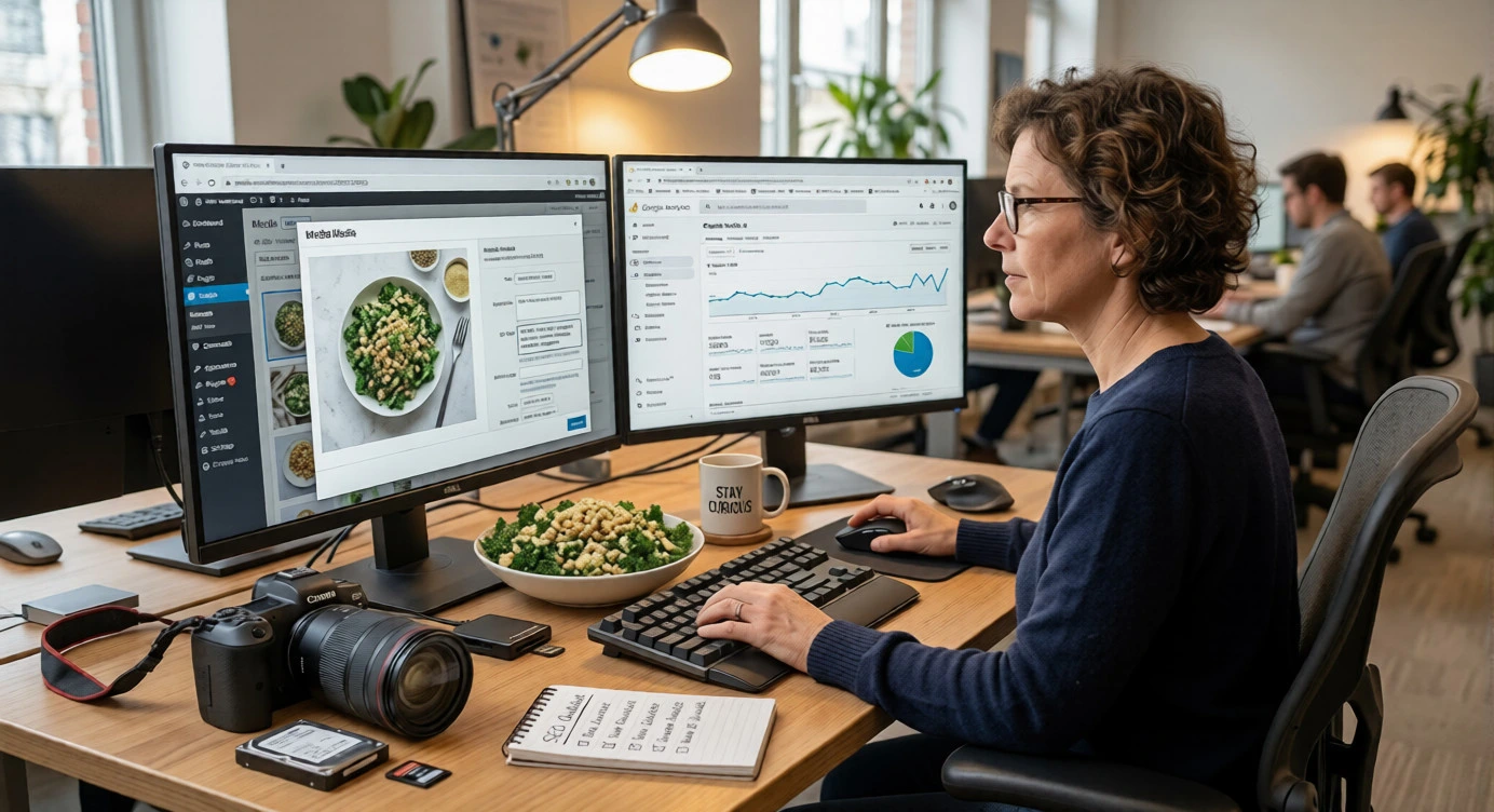 A man works at dual monitors, analyzing food images and data, applying SEO strategies for growth.